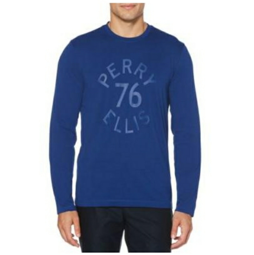 Perry Ellis 76 Logo Blue Long Sleeve T Shirt Mens NEW Athletic Pima Cotton XXL - Picture 2 of 4